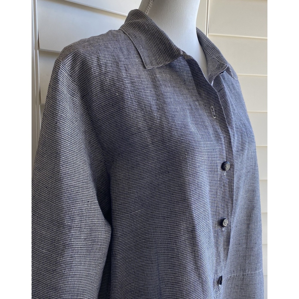 Hot Cotton By Marc Ware Button Up Collared Side Slit Linen Blend M Mini Check